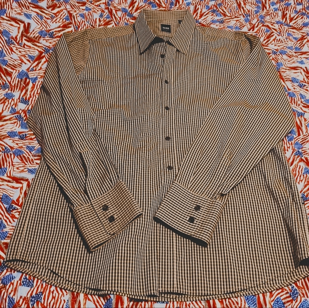 Hugo Boss Men's Brown Checkered Long Sleeve Button Shirt